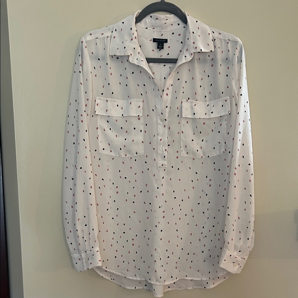 Ann Taylor White Button-Front Blouse with Pink & Black Dot Print